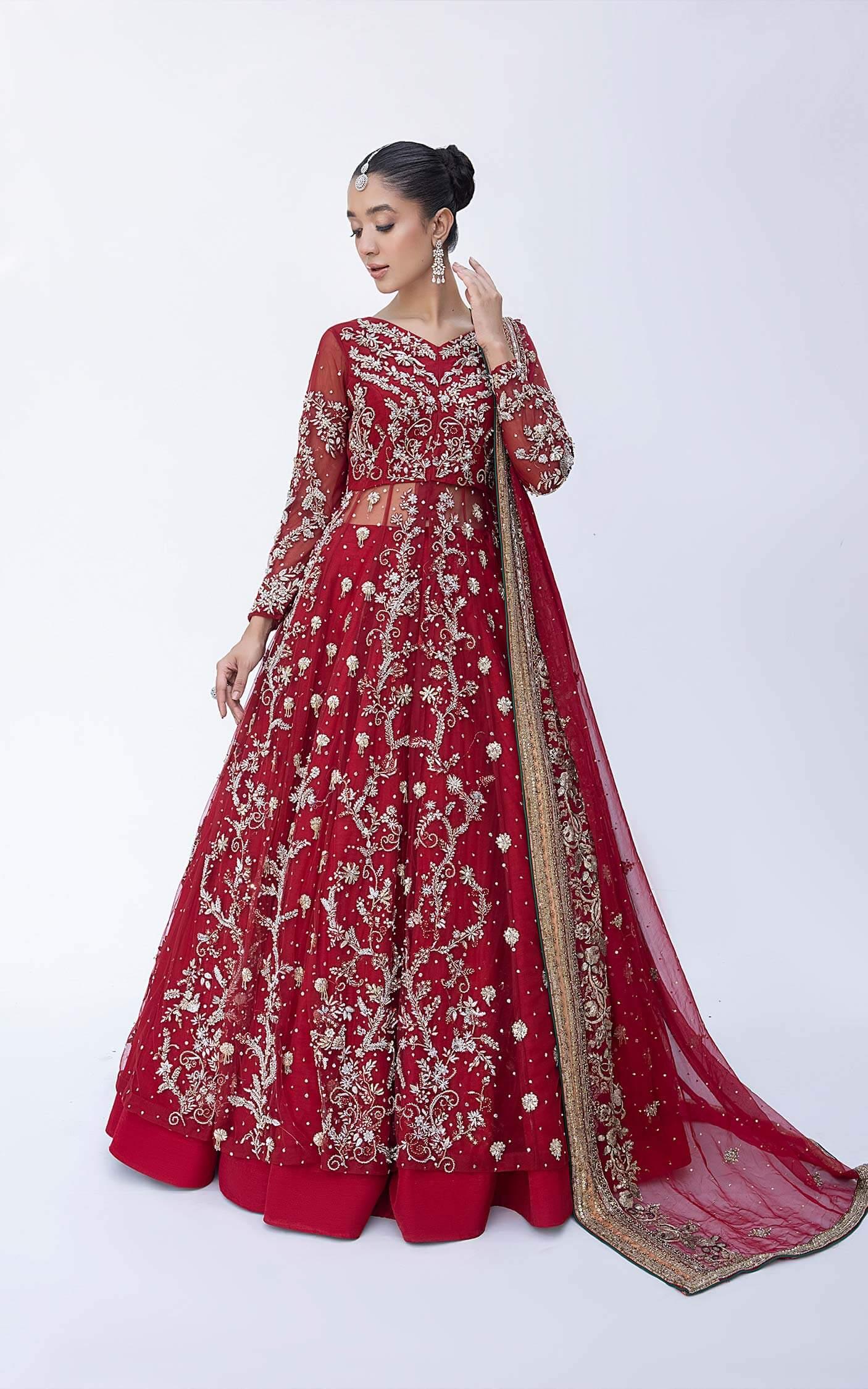 Deep Red Zari Sequin Tulle Bridal Lehenga (3-Piece) - Image 8