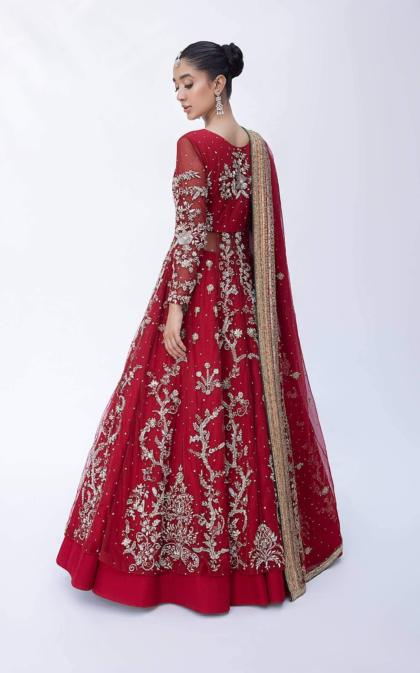 Deep Red Zari Sequin Tulle Bridal Lehenga (3-Piece) - Image 9