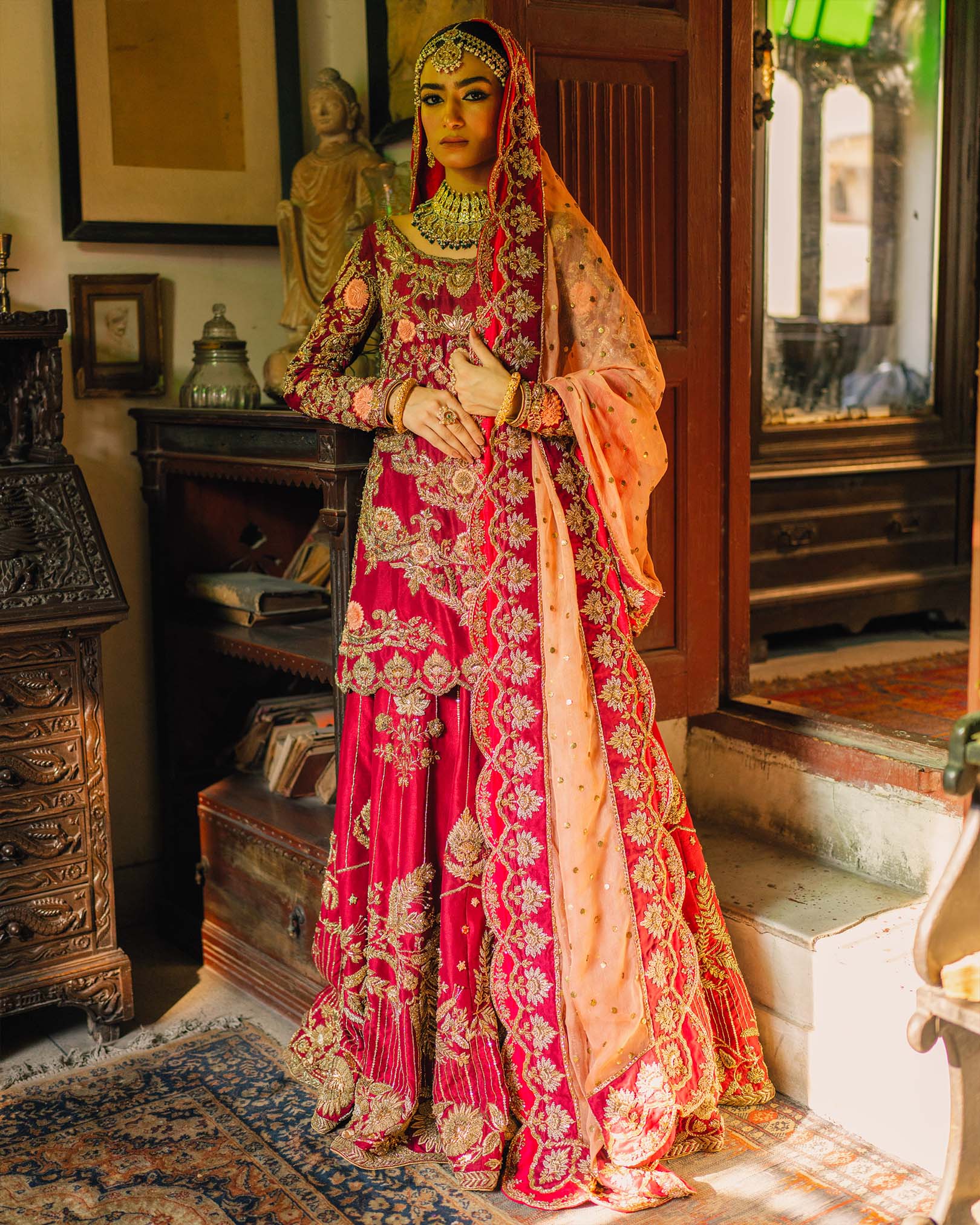 Red Embroidered Velvet Bridal Lehenga (3-Piece) - Image 1