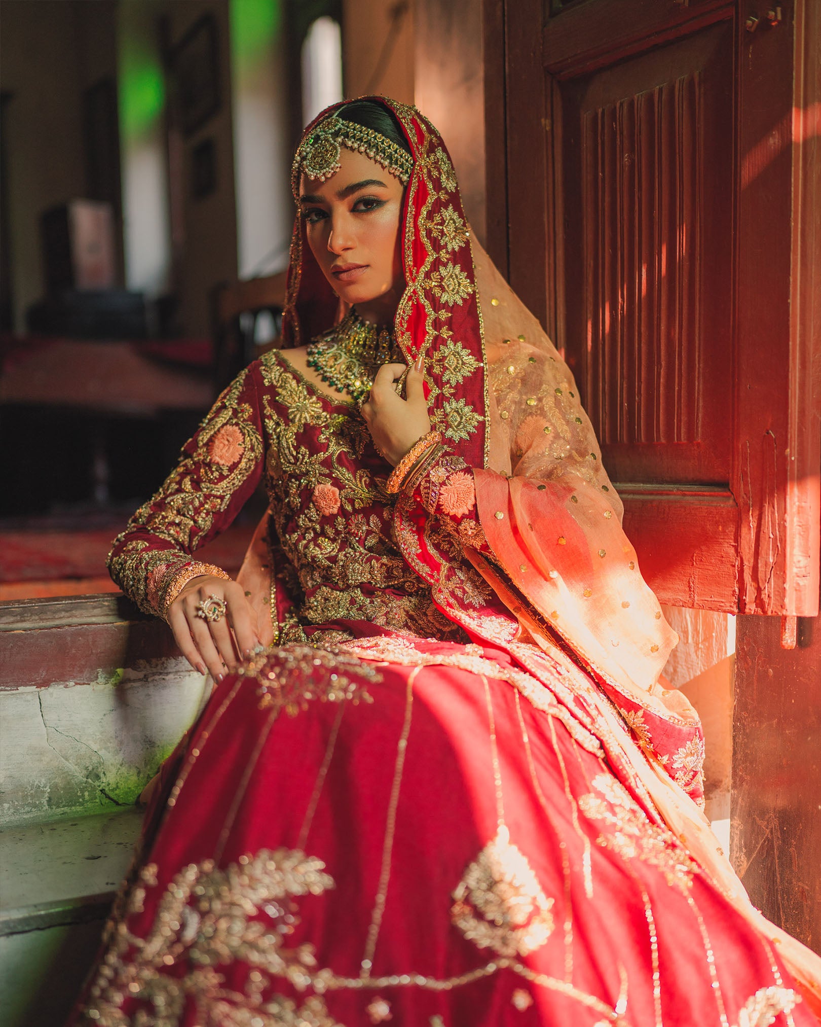 Red Embroidered Velvet Bridal Lehenga (3-Piece) - Image 3
