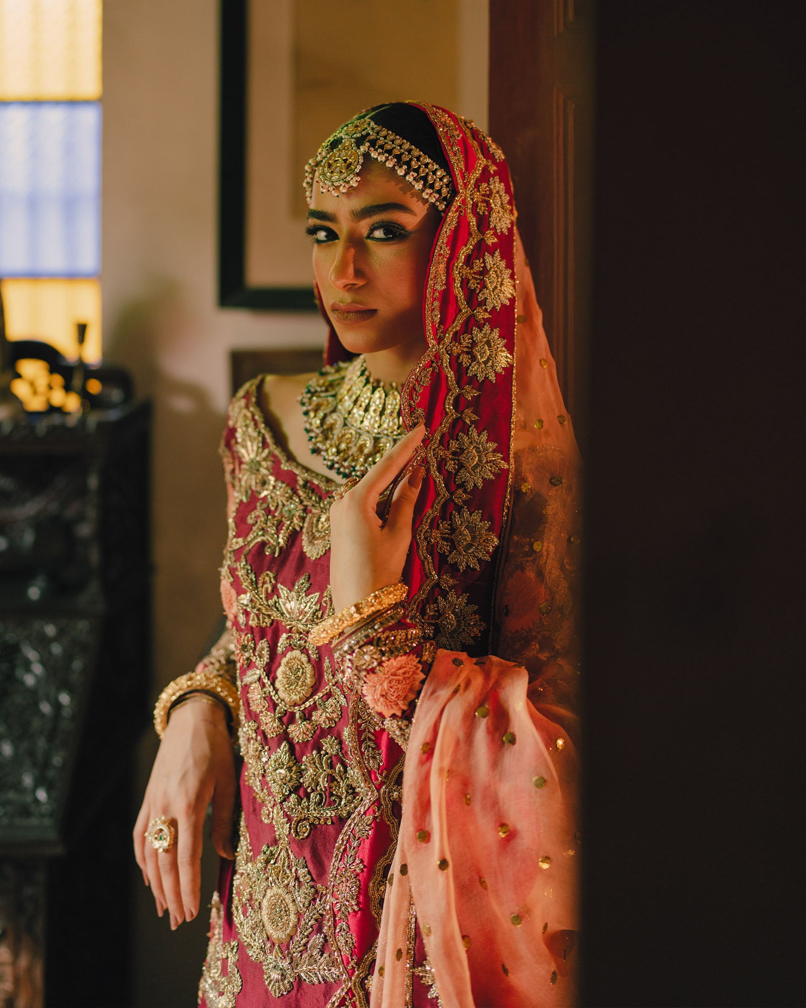 Red Embroidered Velvet Bridal Lehenga (3-Piece) - Image 4