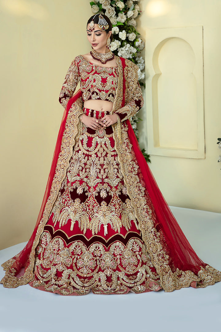 Pakistani Deep Red Embroidered Velvet Net Bridal Lehenga (3-Piece) - Image 1