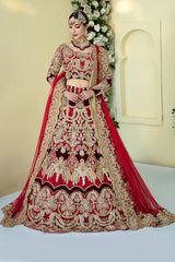 Pakistani Deep Red Embroidered Velvet Net Bridal Lehenga (3-Piece) - Image 2