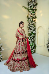Pakistani Deep Red Embroidered Velvet Net Bridal Lehenga (3-Piece) - Image 3