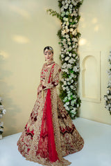 Pakistani Deep Red Embroidered Velvet Net Bridal Lehenga (3-Piece) - Image 5