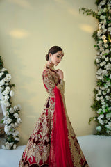 Pakistani Deep Red Embroidered Velvet Net Bridal Lehenga (3-Piece) - Image 6