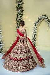 Pakistani Deep Red Embroidered Velvet Net Bridal Lehenga (3-Piece) - Image 7
