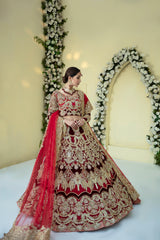 Pakistani Deep Red Embroidered Velvet Net Bridal Lehenga (3-Piece) - Image 8