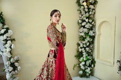 Pakistani Deep Red Embroidered Velvet Net Bridal Lehenga (3-Piece) - Image 9