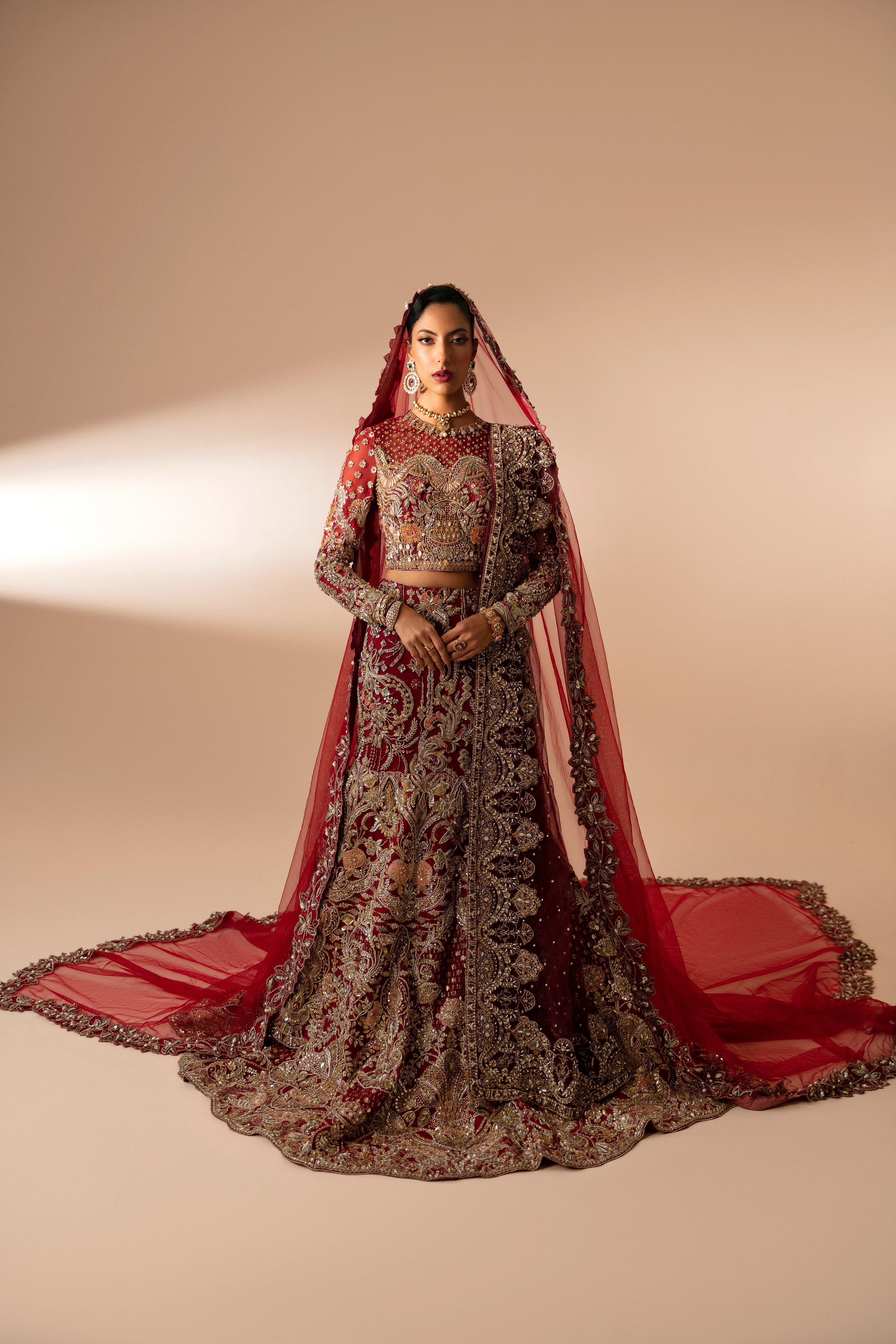 Deep Red Embellished Velvet Silk Bridal Lehenga (3-Piece) - Image 1
