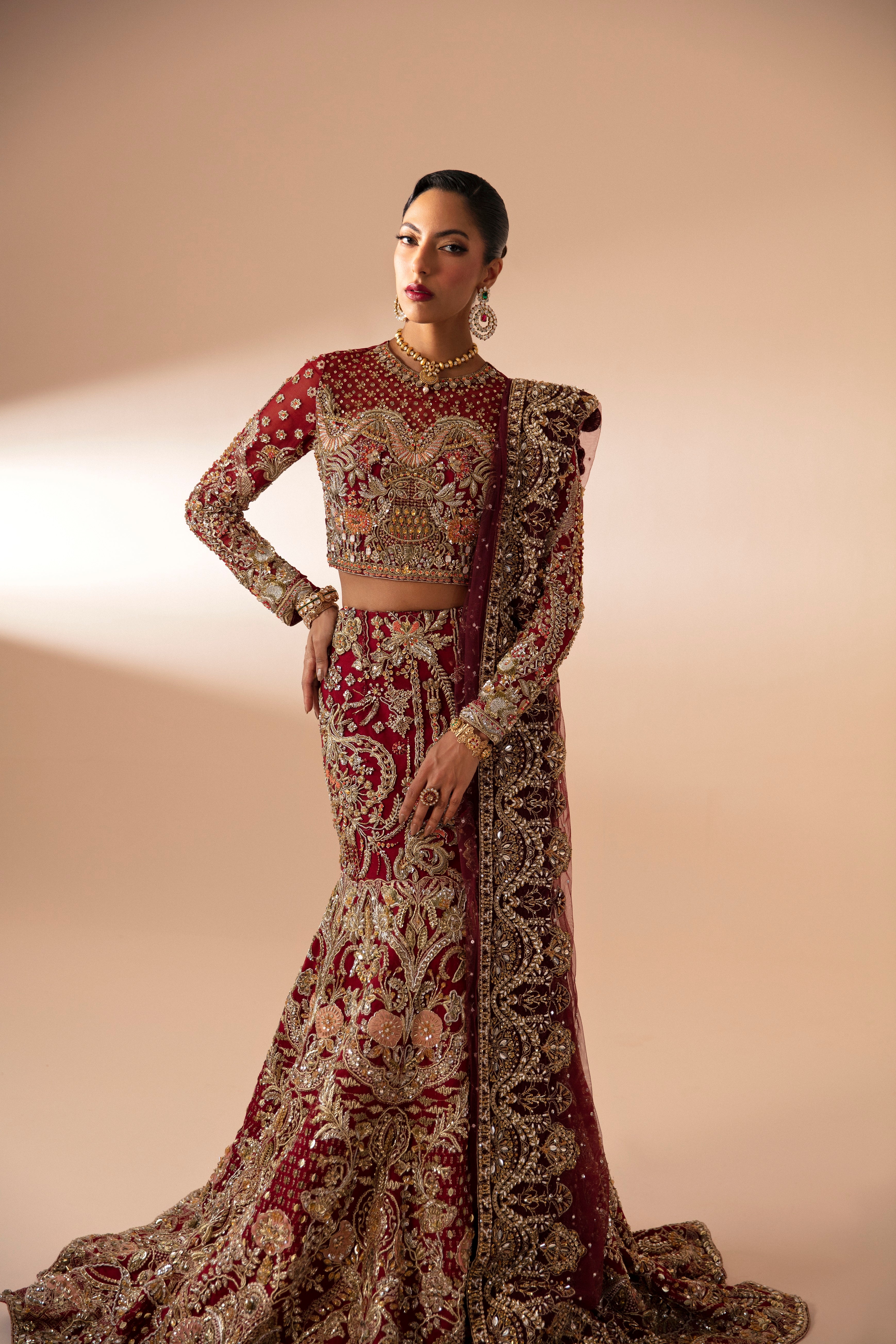 Deep Red Embellished Velvet Silk Bridal Lehenga (3-Piece) - Image 2