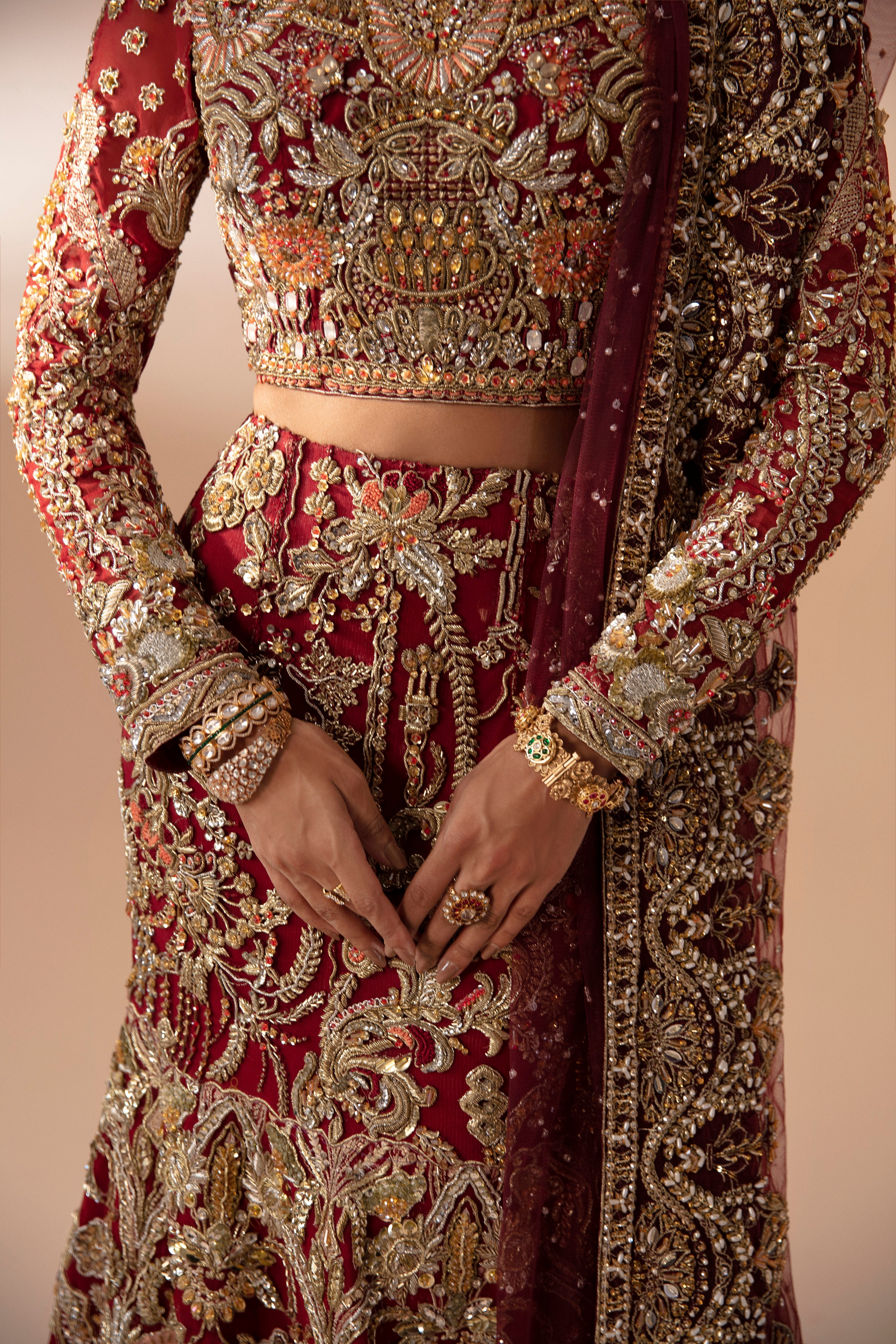 Deep Red Embellished Velvet Silk Bridal Lehenga (3-Piece) - Image 4