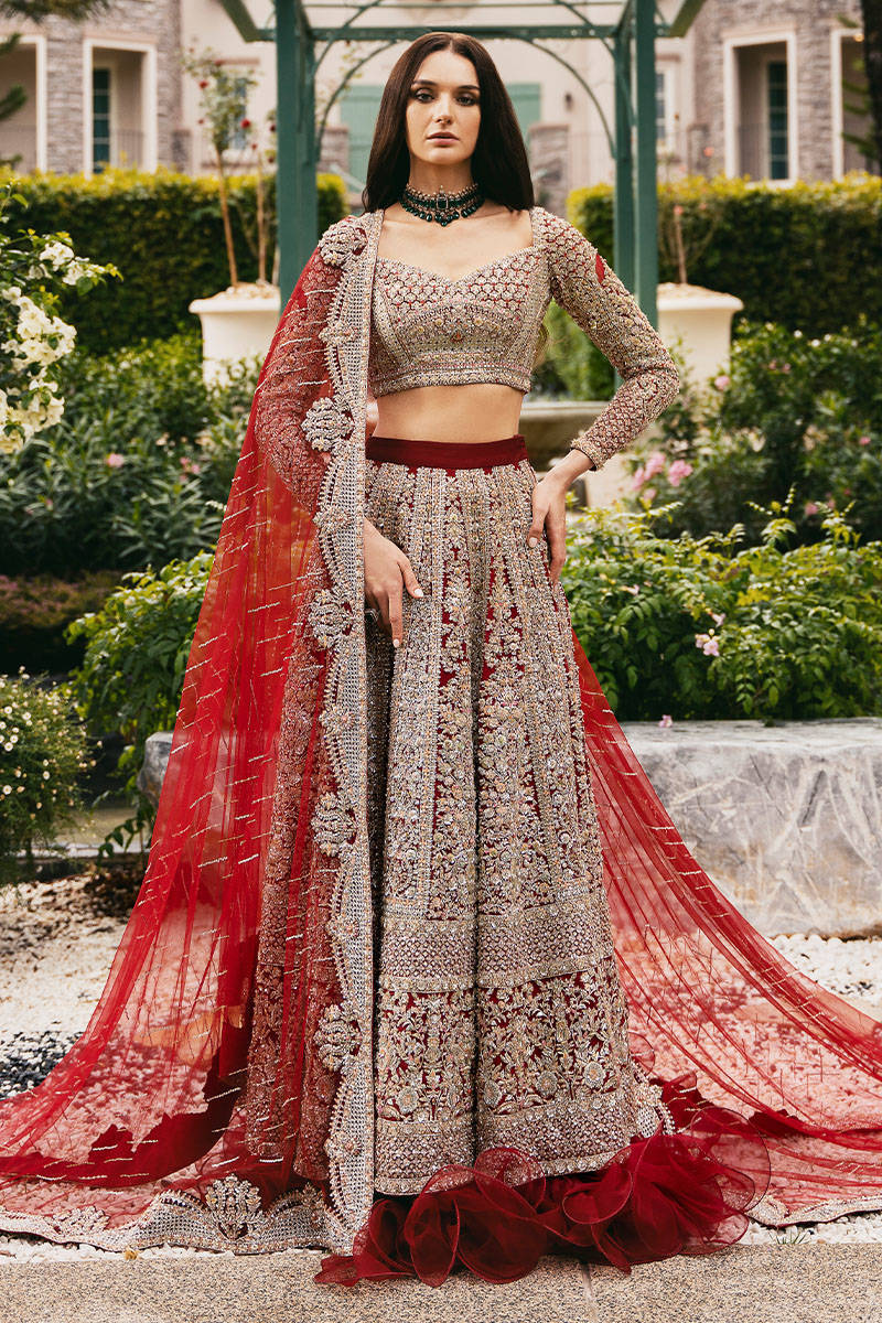 Pakistani Red Swarovski Embellished Velvet Bridal Lehenga Choli (3-Piece) - Image 1
