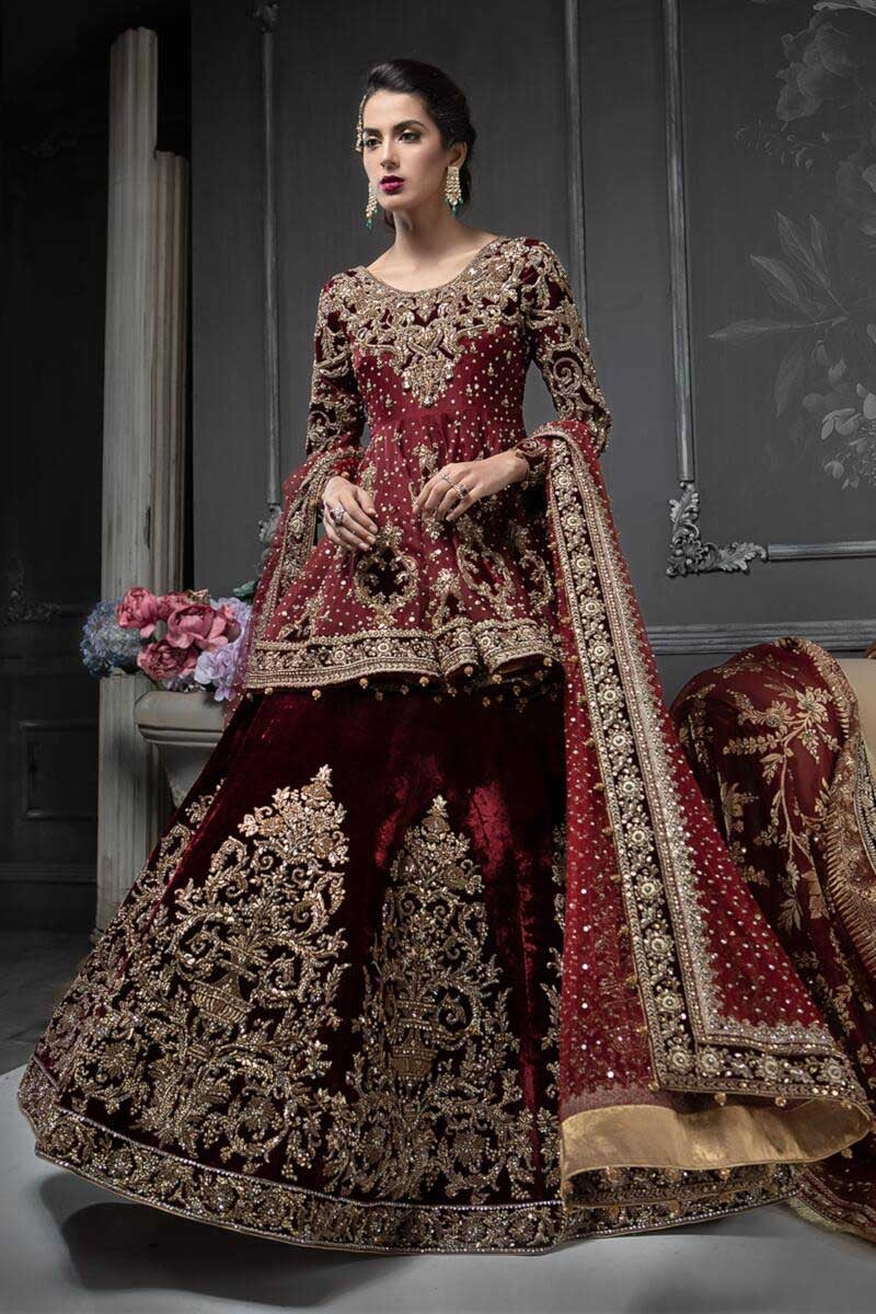 Blood Red Embroidered Organza Peplum with Velvet Lehenga (3-Piece) - Image 1