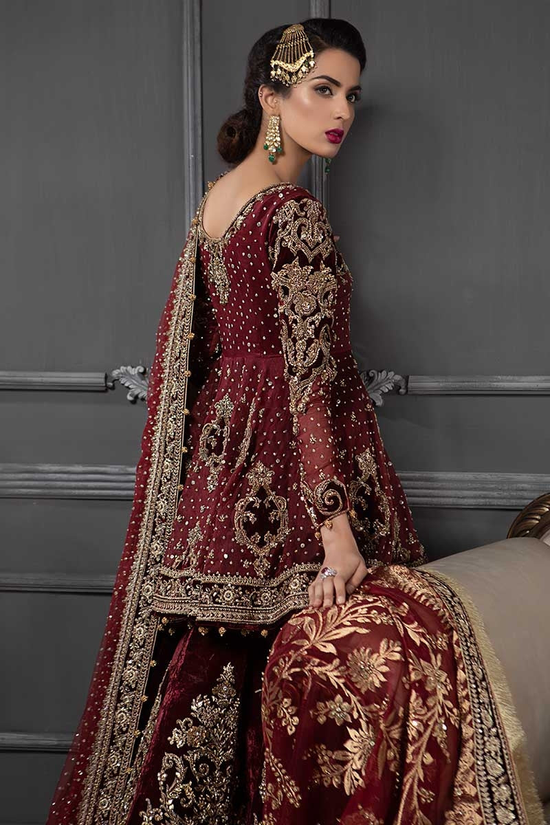 Blood Red Embroidered Organza Peplum with Velvet Lehenga (3-Piece) - Image 2