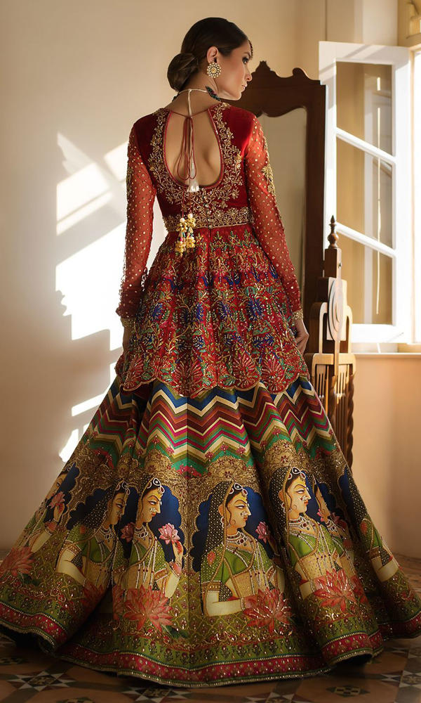 Deep Red Embroidered Velvet Bridal Lehenga (3-Piece) - Image 4