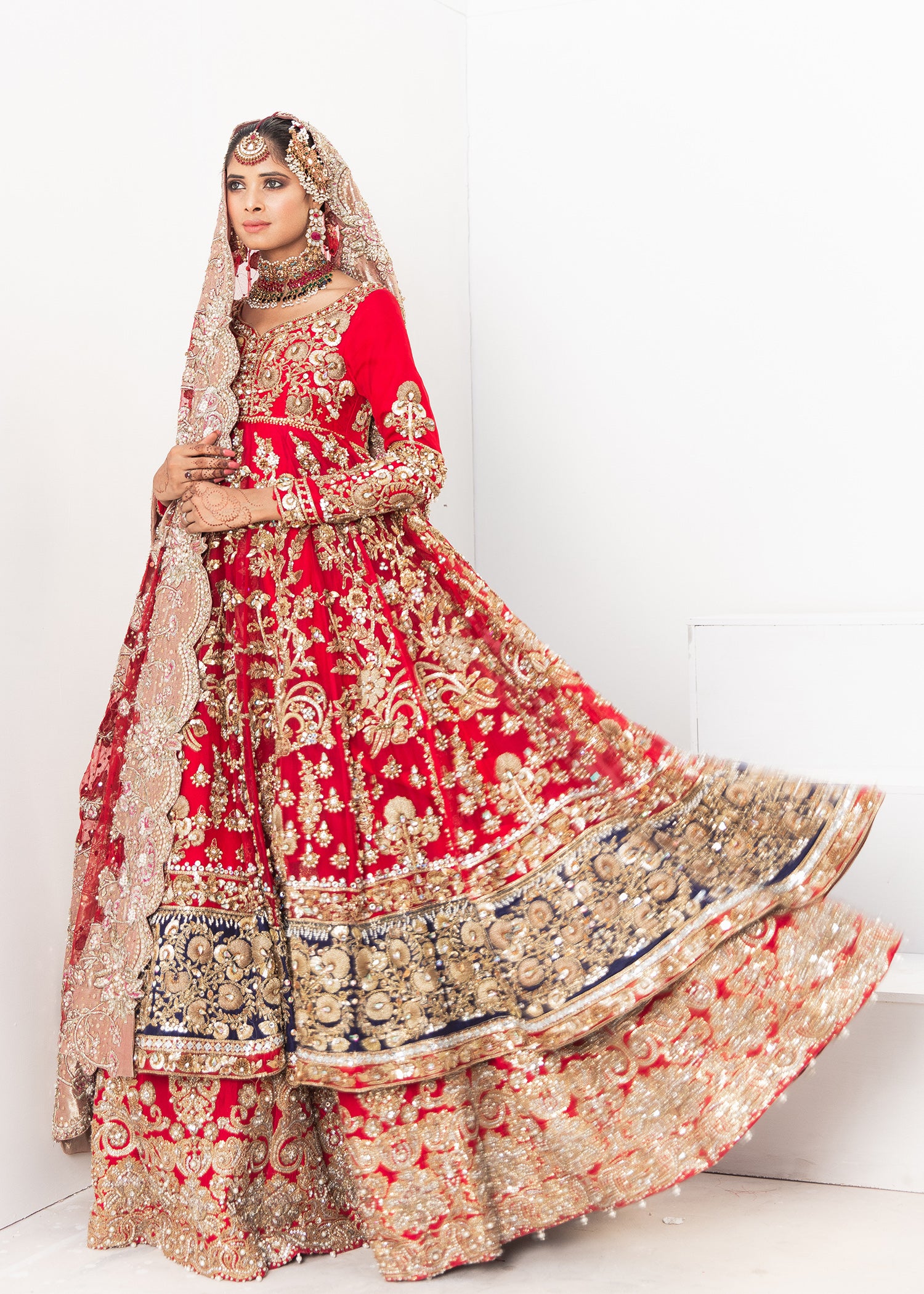 Pakistani Red Zardozi Sequin Velvet Lehenga (3-Piece) - Image 1