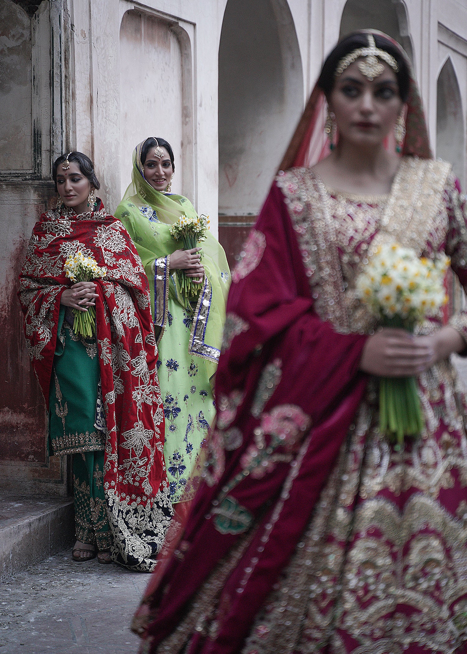 Pakistani Deep Red Embroidered Velvet Bridal Lehenga (3-Piece) - Image 7