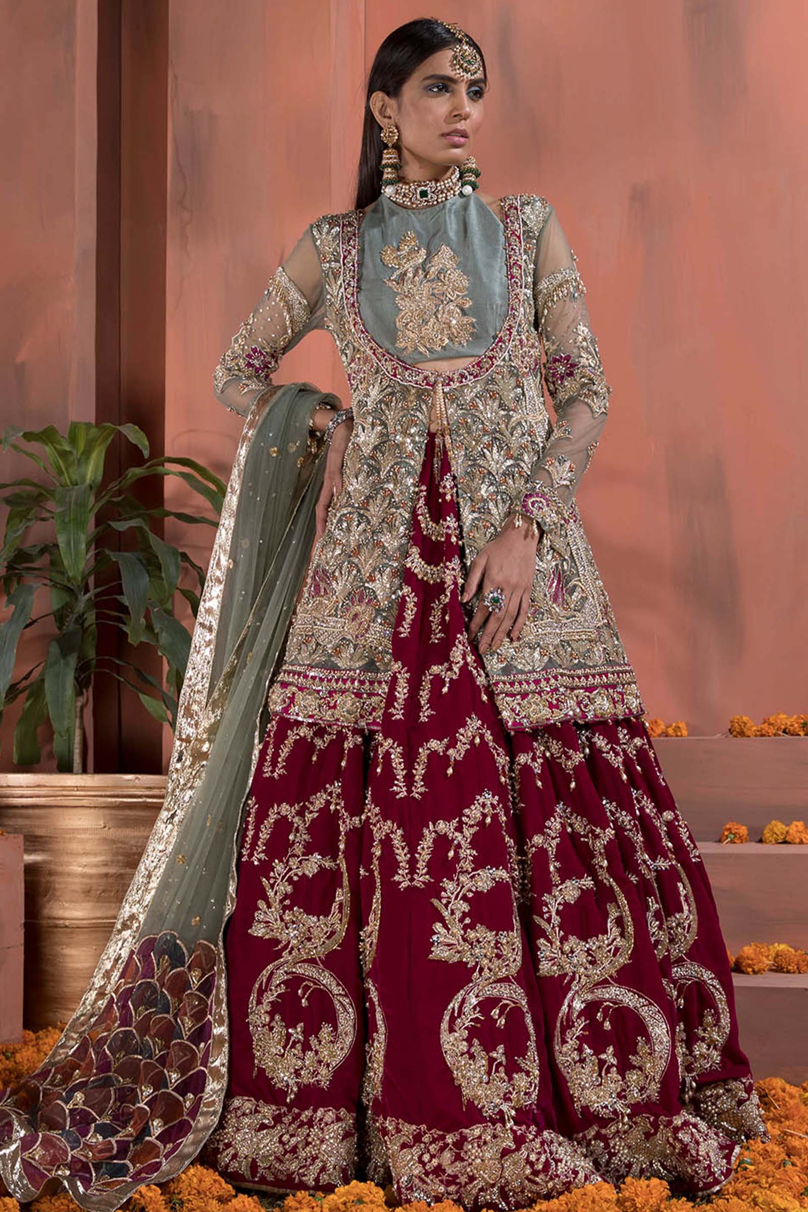 Deep Red and Sage Embroidered Velvet & Net Bridal Lehenga (3-Piece) - Image 1