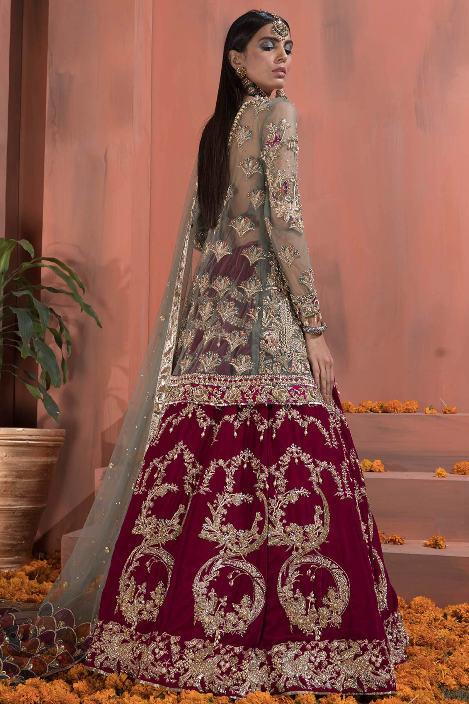 Deep Red and Sage Embroidered Velvet & Net Bridal Lehenga (3-Piece) - Image 2