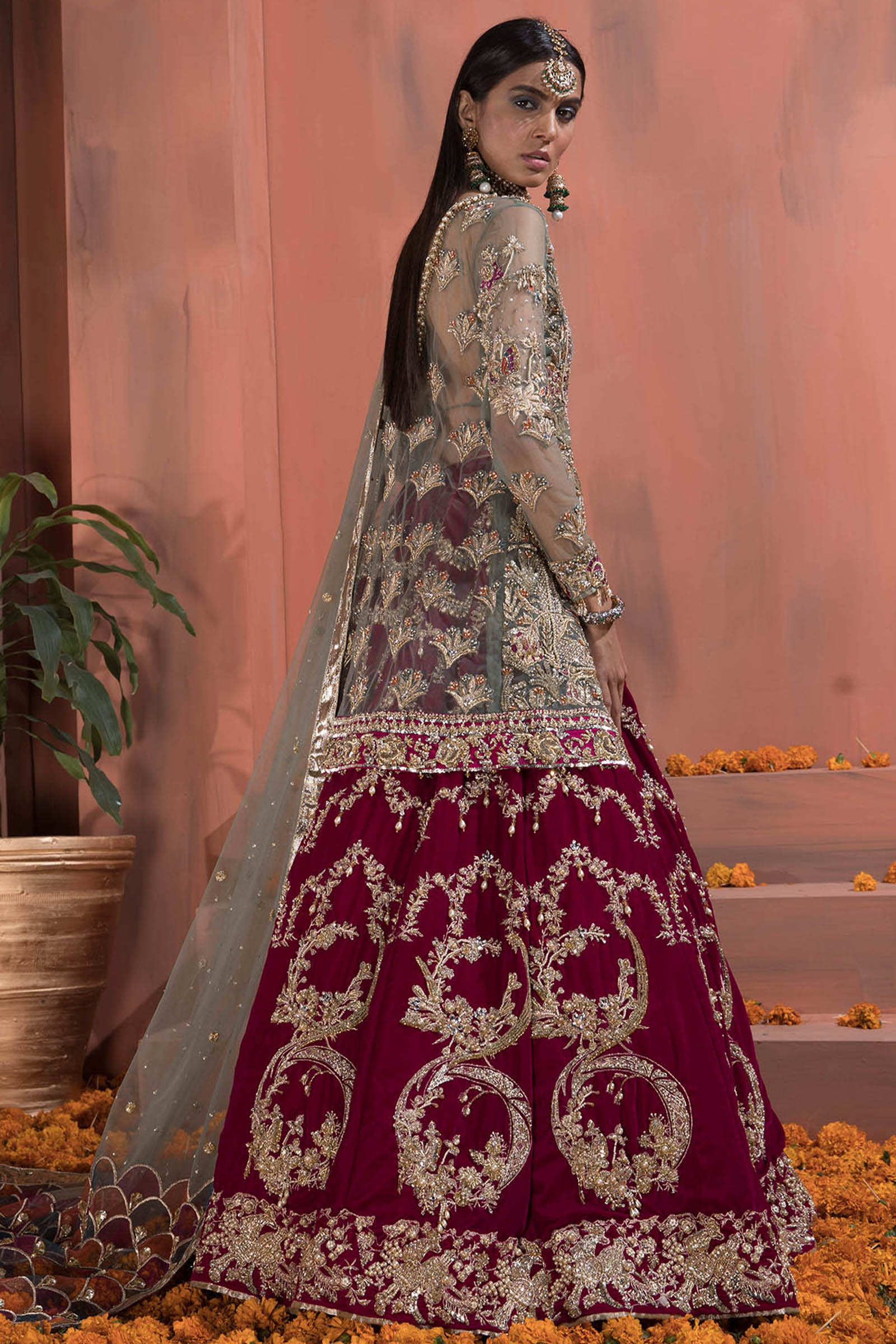 Deep Red and Sage Embroidered Velvet & Net Bridal Lehenga (3-Piece) - Image 3