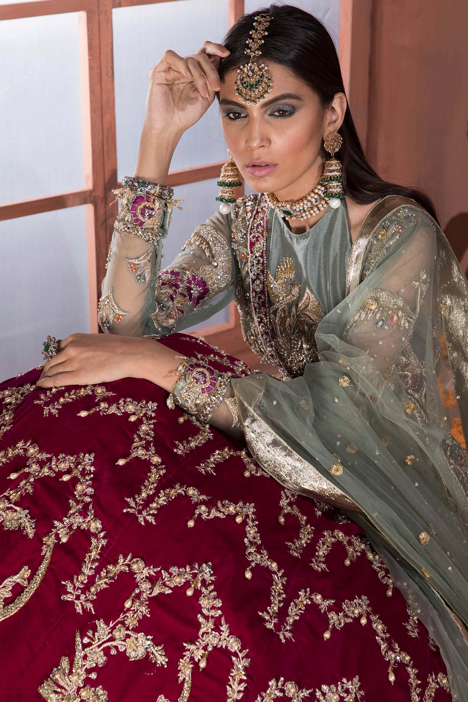 Deep Red and Sage Embroidered Velvet & Net Bridal Lehenga (3-Piece) - Image 4