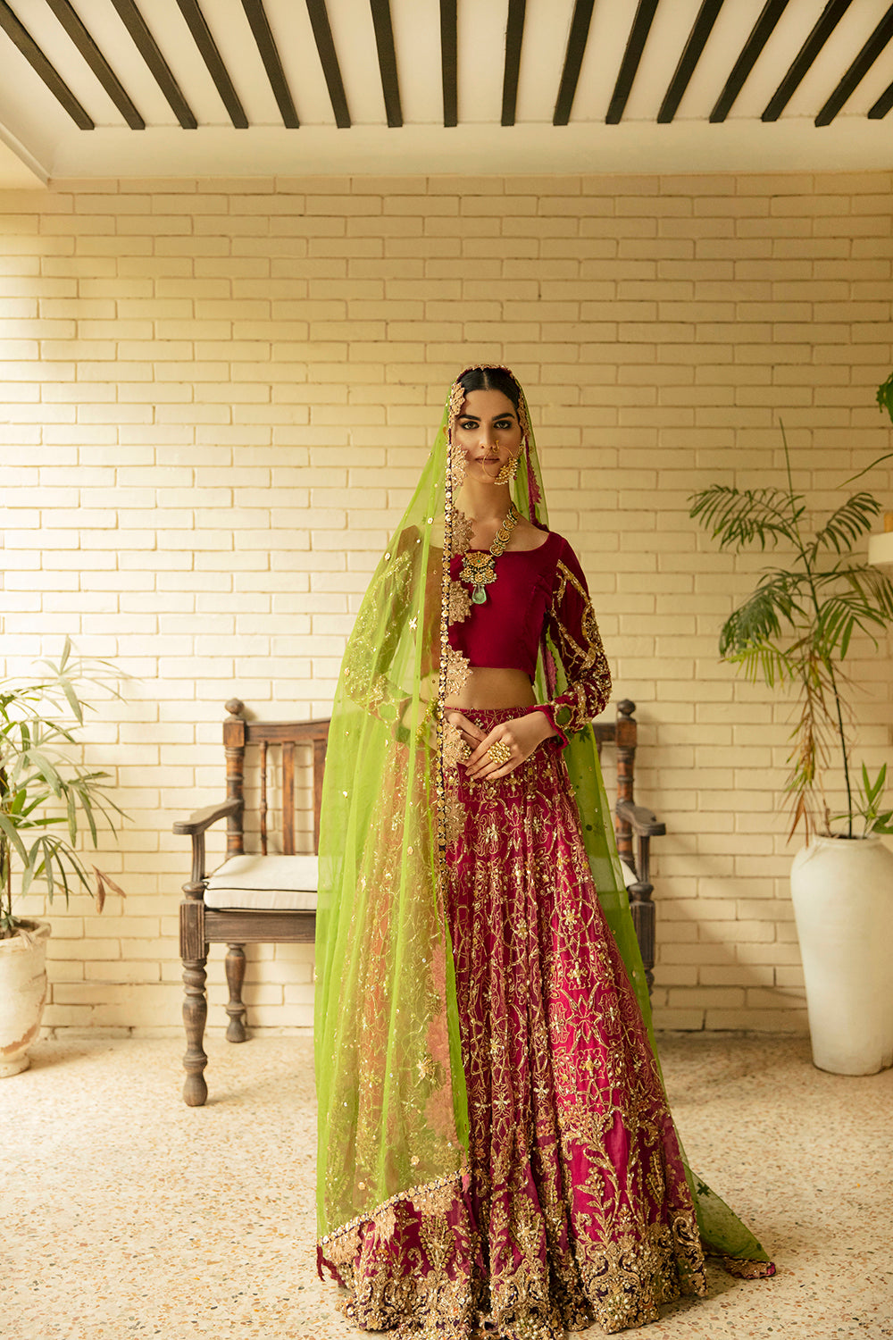 Deep Red Embroidered Velvet & Net Lehenga Choli (3-Piece) - Image 1