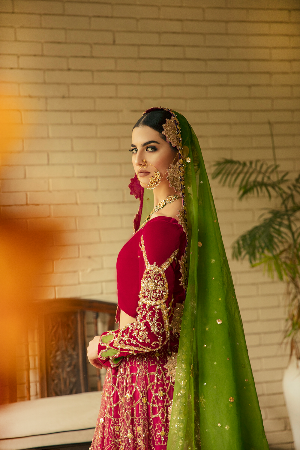 Deep Red Embroidered Velvet & Net Lehenga Choli (3-Piece) - Image 2