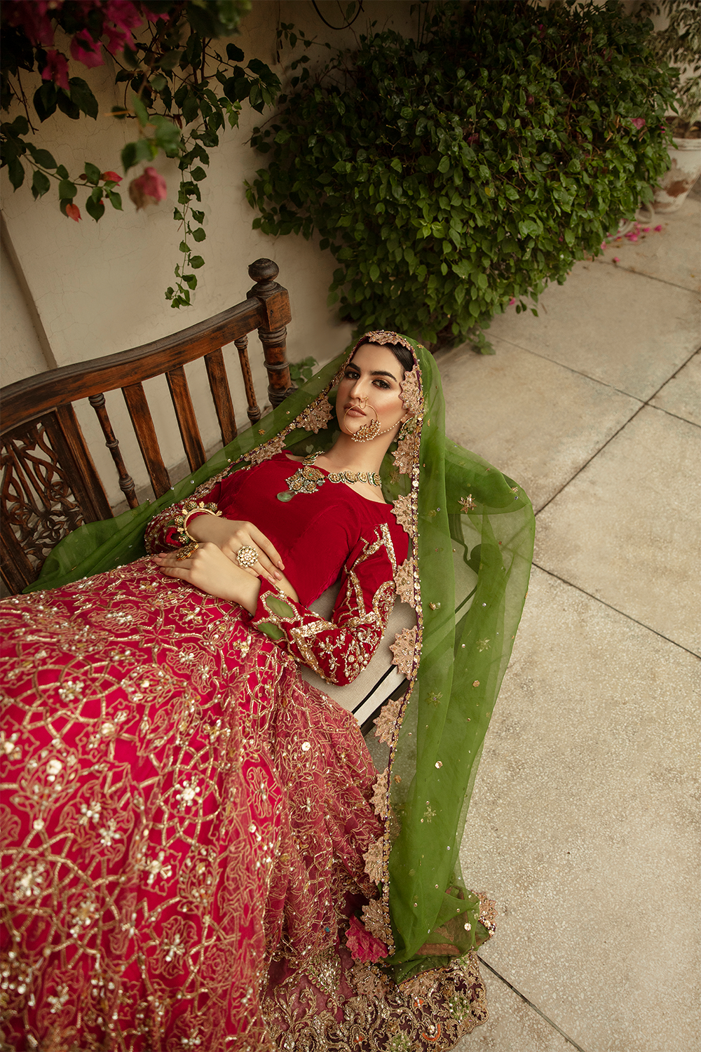 Deep Red Embroidered Velvet & Net Lehenga Choli (3-Piece) - Image 3