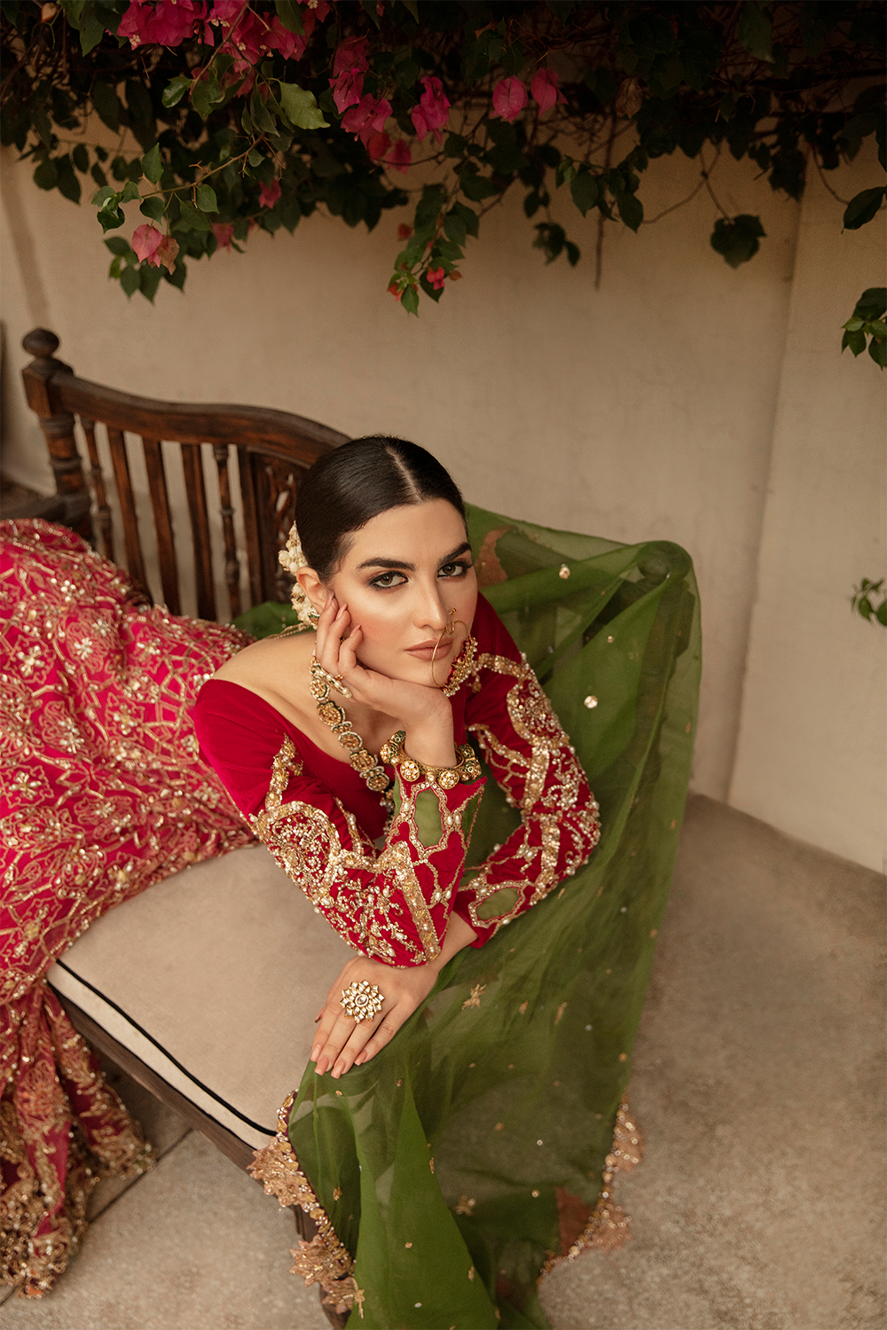 Deep Red Embroidered Velvet & Net Lehenga Choli (3-Piece) - Image 6