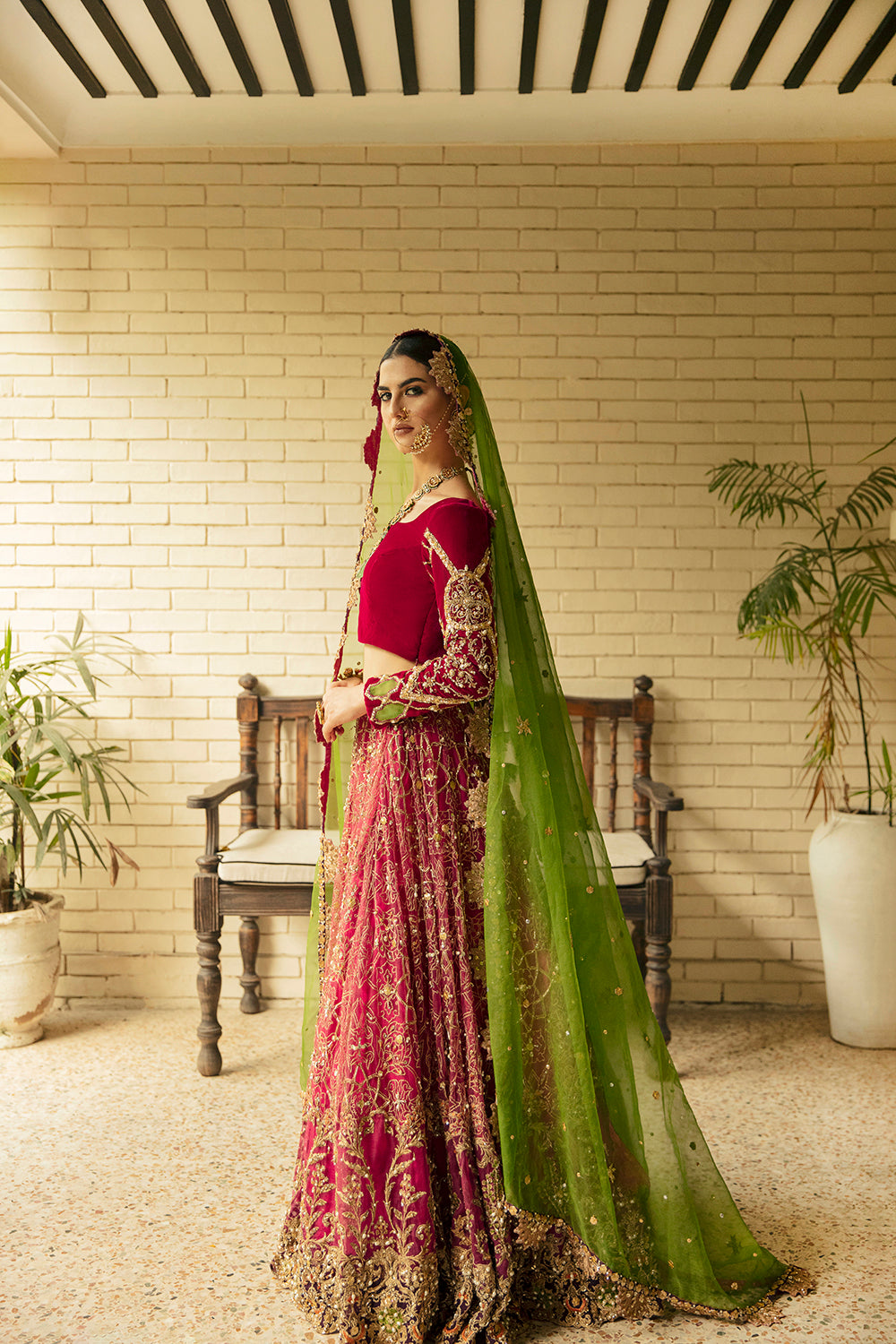 Deep Red Embroidered Velvet & Net Lehenga Choli (3-Piece) - Image 7