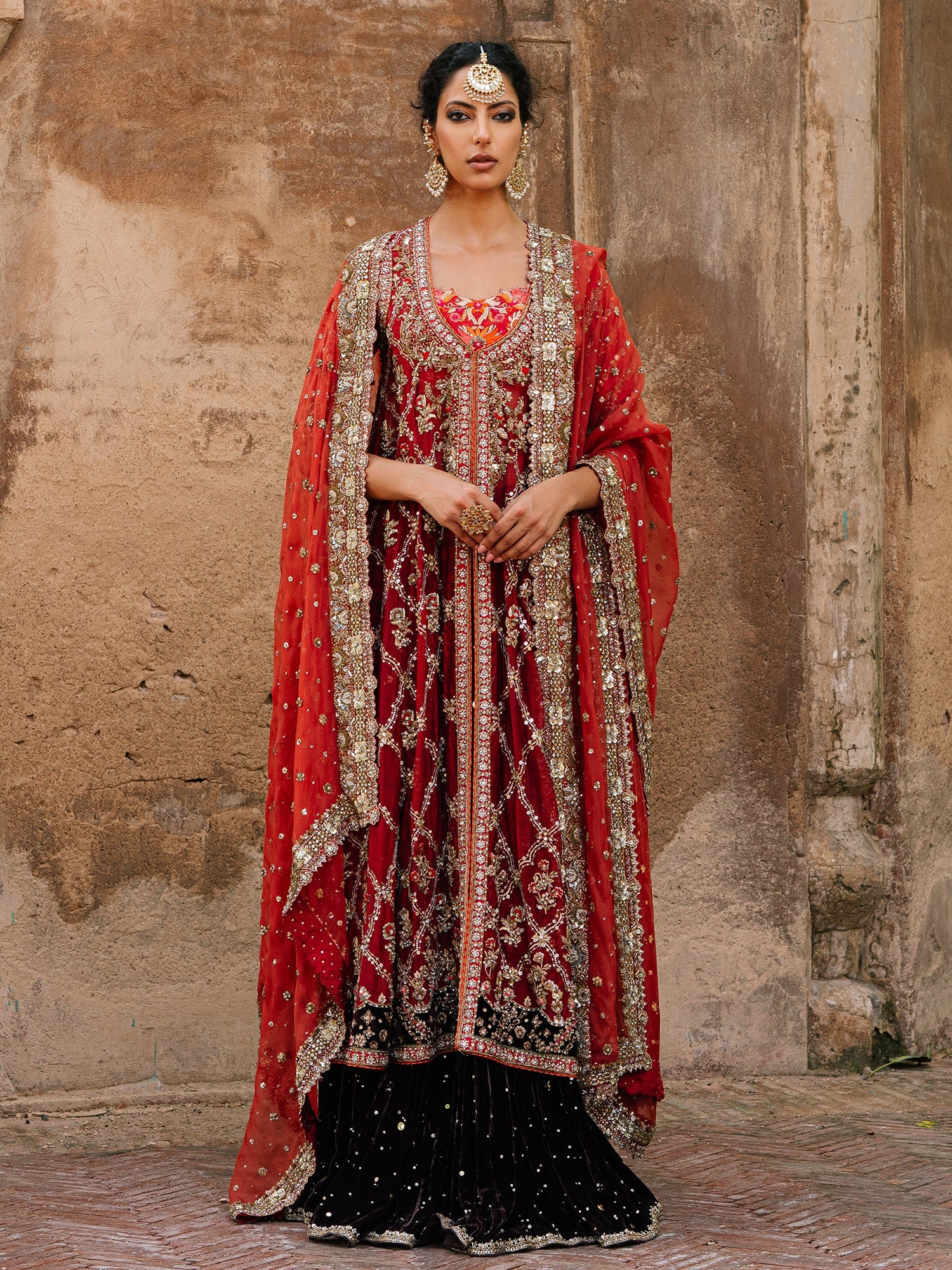 Pakistani Cherry Red Zardozi Net Kalidar Lehenga (3-Piece) - Image 1