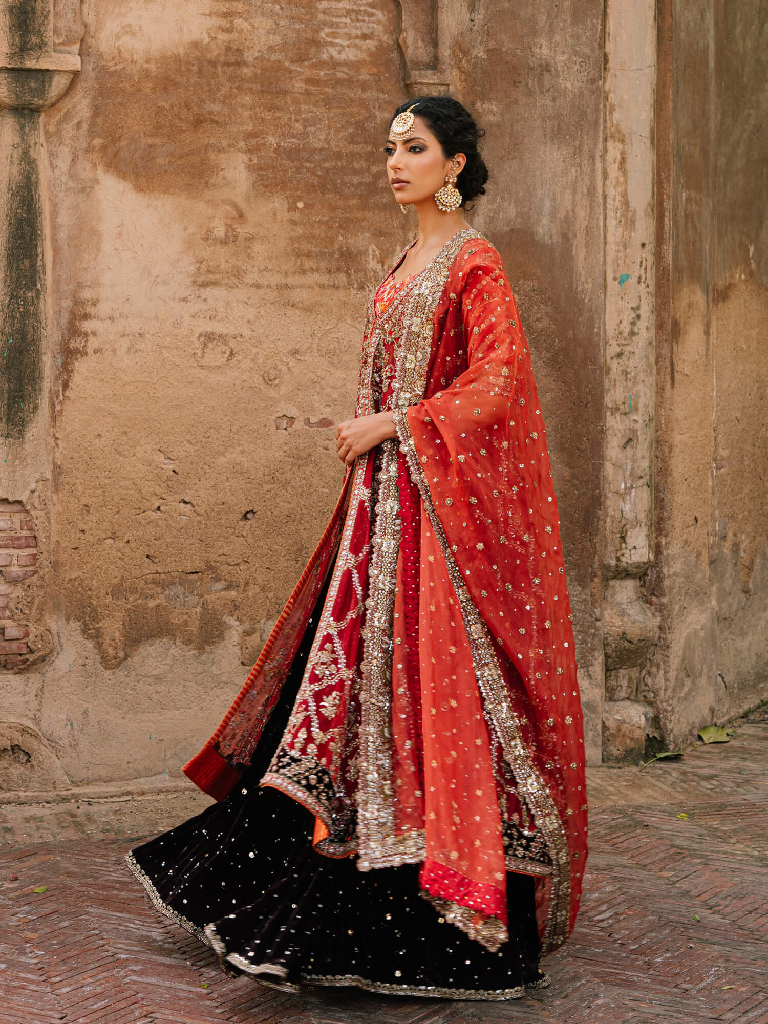 Pakistani Cherry Red Zardozi Net Kalidar Lehenga (3-Piece) - Image 2