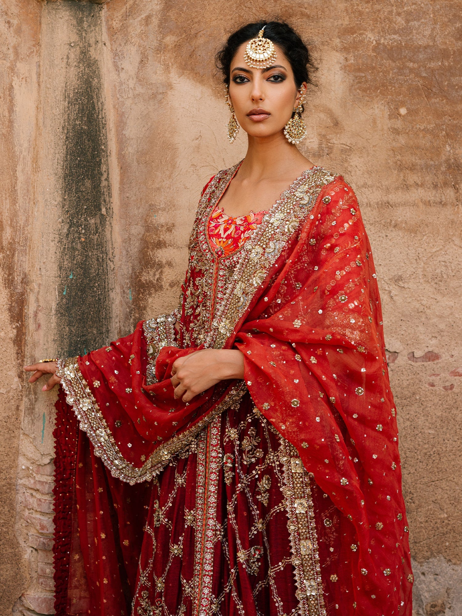 Pakistani Cherry Red Zardozi Net Kalidar Lehenga (3-Piece) - Image 3