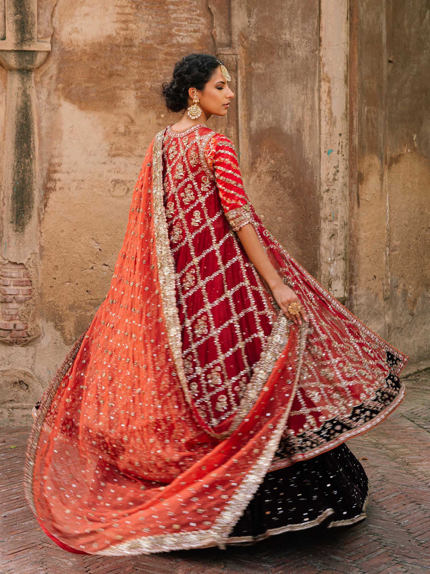 Pakistani Cherry Red Zardozi Net Kalidar Lehenga (3-Piece) - Image 4