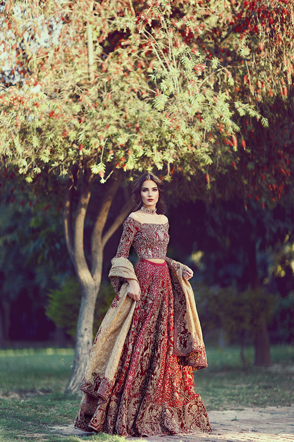 Pakistani Deep Red Embroidered Velvet Lehenga Choli (3-Piece) - Image 3