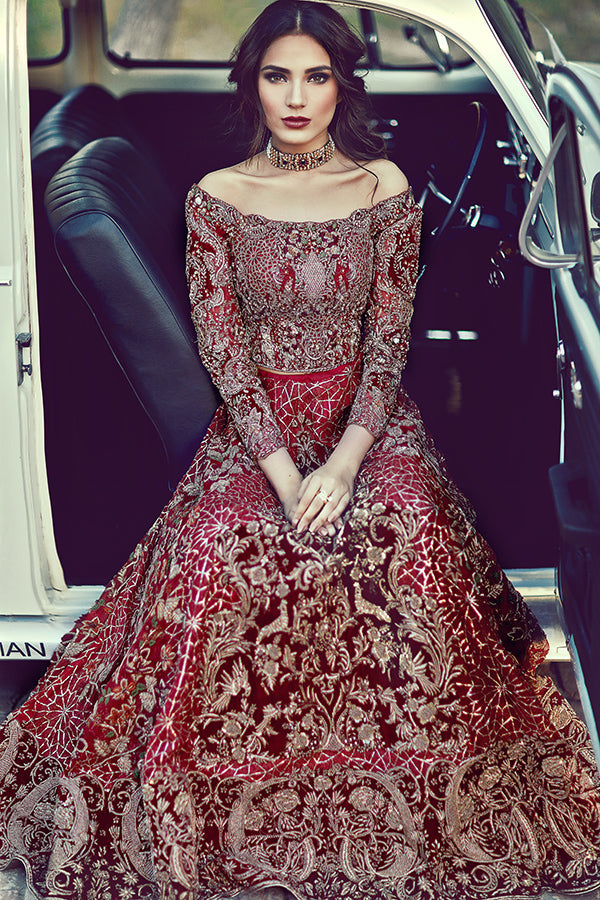 Pakistani Deep Red Embroidered Velvet Lehenga Choli (3-Piece) - Image 4