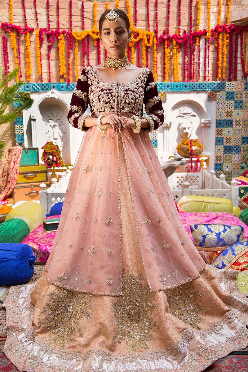 Pakistani Red Zardozi Velvet Choli with Peach Jamawar Lehenga (2-Piece) - Image 1