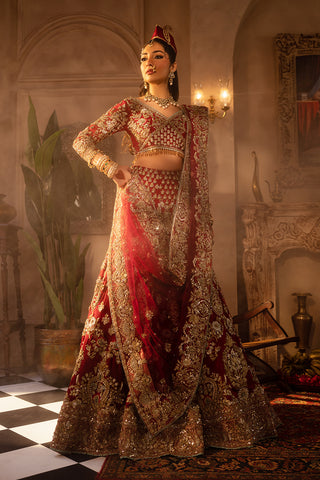 Imperial Red Zardozi Velvet Bridal Lehenga (3-Piece) - Image 2