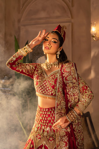 Imperial Red Zardozi Velvet Bridal Lehenga (3-Piece) - Image 3