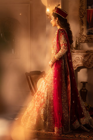 Imperial Red Zardozi Velvet Bridal Lehenga (3-Piece) - Image 4