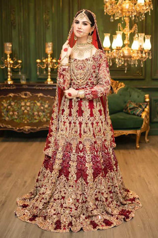 Deep Red Zardozi Velvet Silk Bridal Lehenga (3-Piece) - Image 2