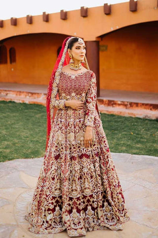 Deep Red Embroidered Velvet Silk Bridal Lehenga (3-Piece) - Image 2