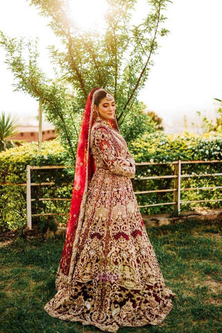 Deep Red Embroidered Velvet Silk Bridal Lehenga (3-Piece) - Image 3