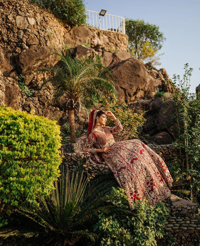 Deep Red Embroidered Velvet Silk Bridal Lehenga (3-Piece) - Image 4