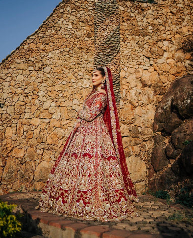 Deep Red Embroidered Velvet Silk Bridal Lehenga (3-Piece) - Image 5
