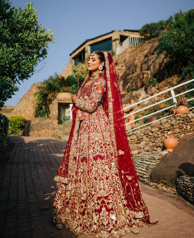 Deep Red Embroidered Velvet Silk Bridal Lehenga (3-Piece) - Image 6