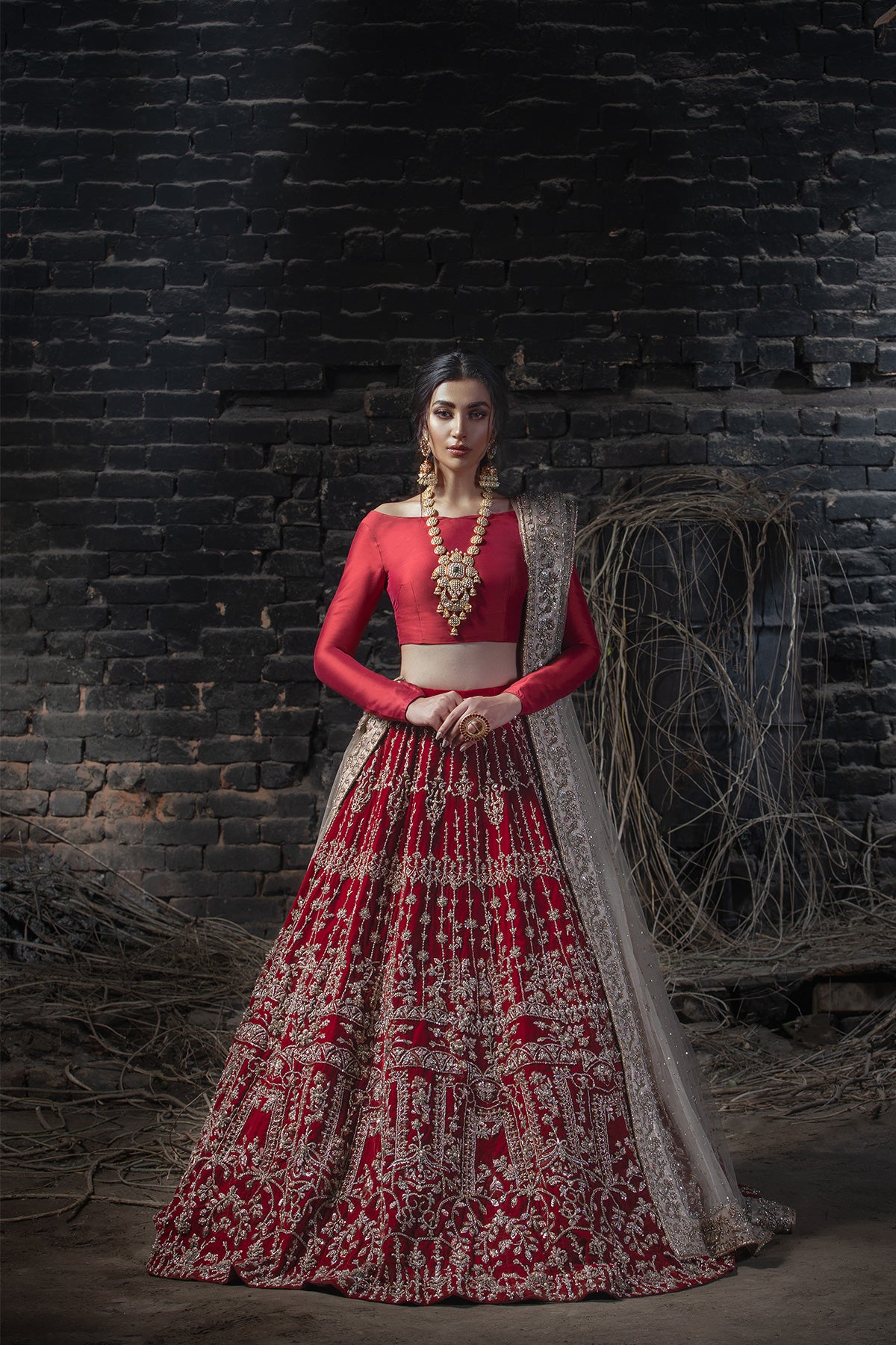Pakistani Deep Red Zardozi Velvet Lehenga Dress (3-Piece) - Image 1