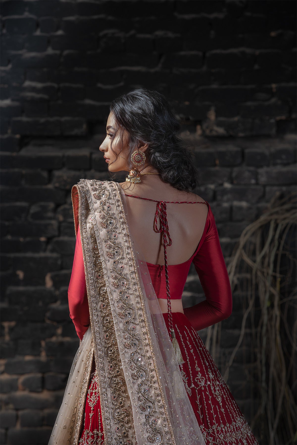 Pakistani Deep Red Zardozi Velvet Lehenga Dress (3-Piece) - Image 3