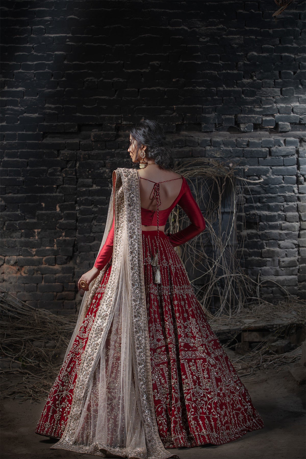 Pakistani Deep Red Zardozi Velvet Lehenga Dress (3-Piece) - Image 4